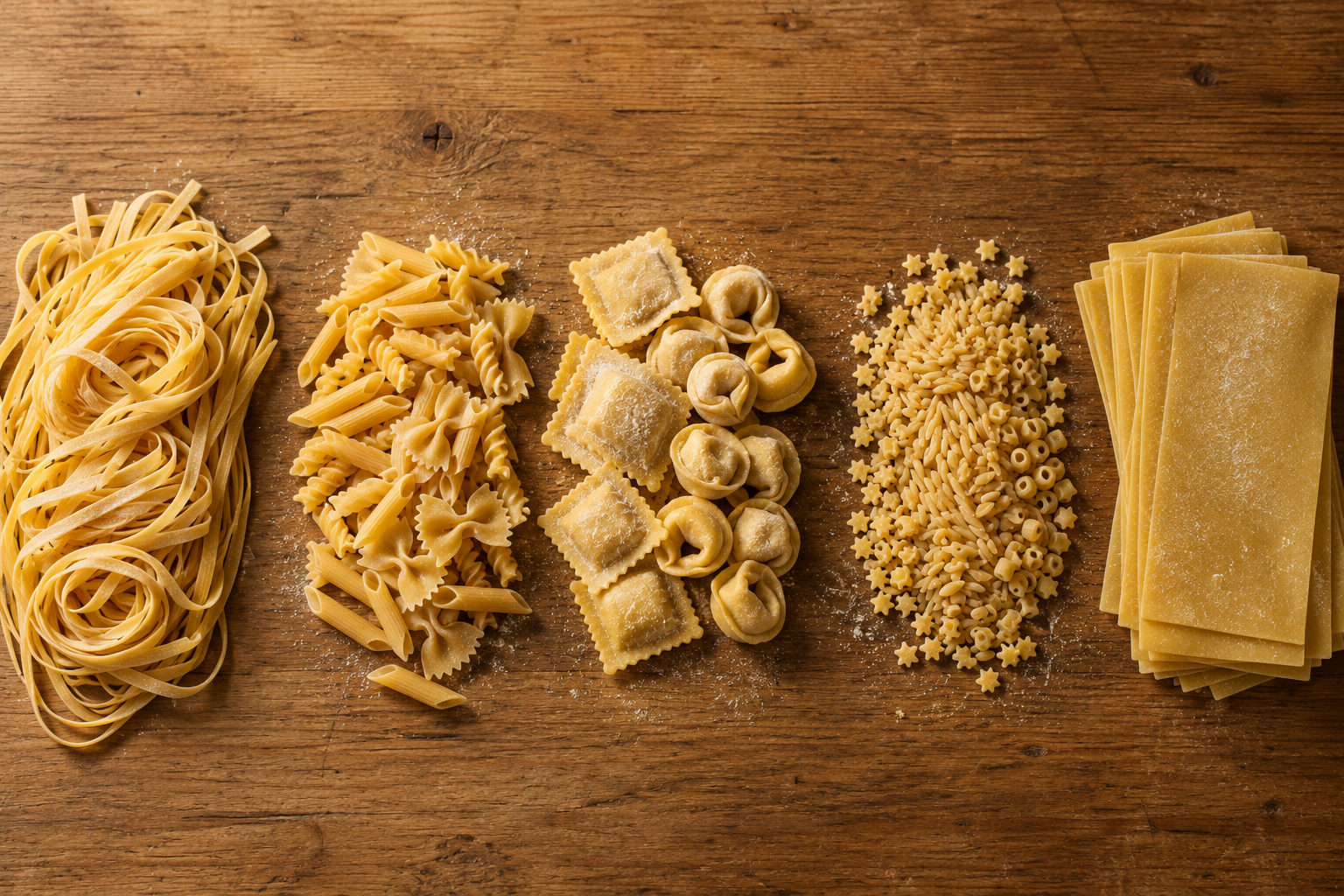 Five piles of uncooked pasta: long strands, short shapes, stuffed pasta, tiny soup pasta, and lasagna sheets