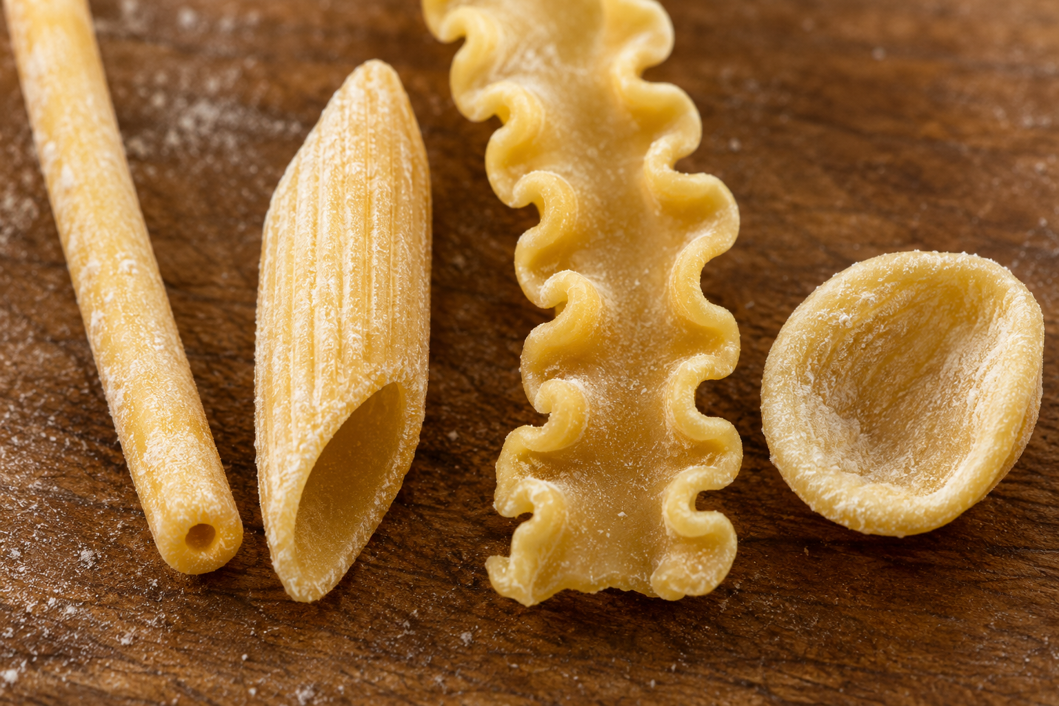 Close-up of bucatini with a hole, ridged penne, a ruffled mafaldine ribbon, and a cupped orecchiette