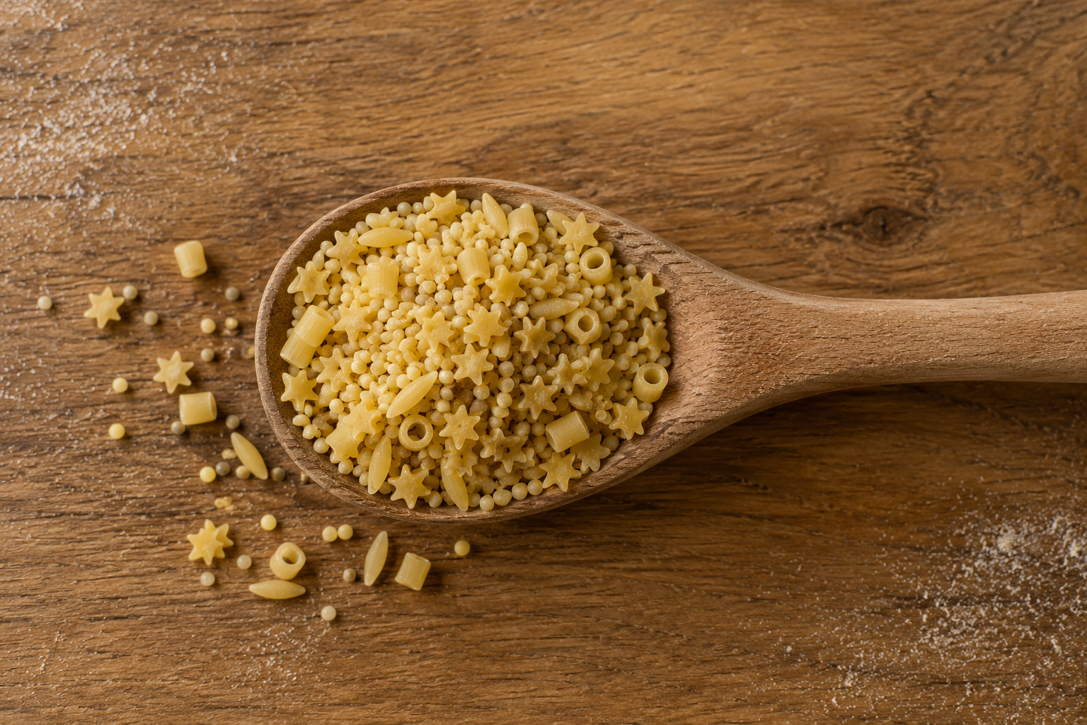 Tiny soup pasta on a wooden spoon: stars, orzo, acini di pepe, and ditalini
