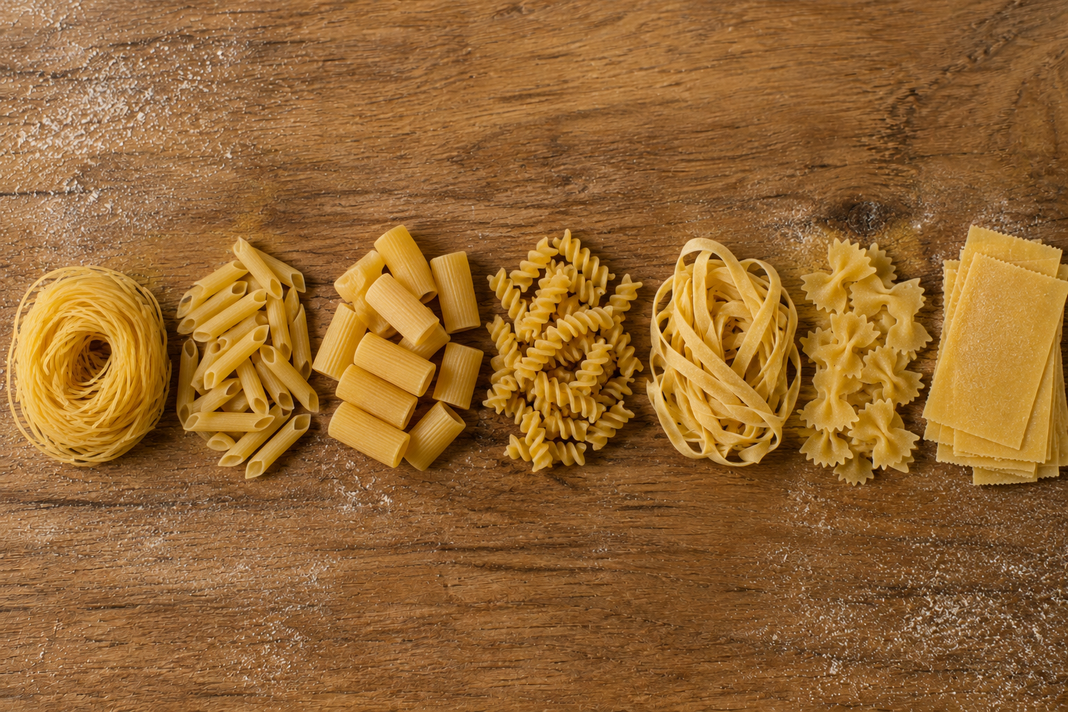 Seven uncooked pasta shapes: spaghetti, penne, rigatoni, fusilli, fettuccine, farfalle, and lasagna sheets