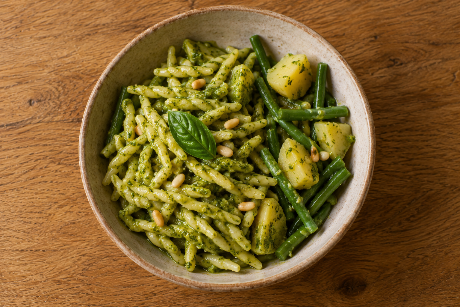 Trofie pasta coated in green basil pesto, with potatoes and green beans
