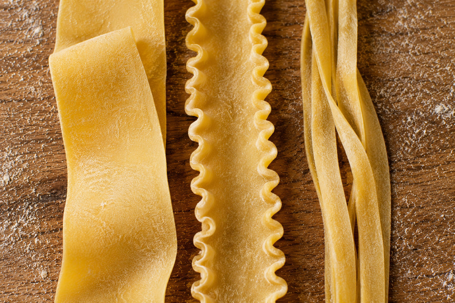 Uncooked mafaldine with ruffled edges between smooth pappardelle and fettuccine