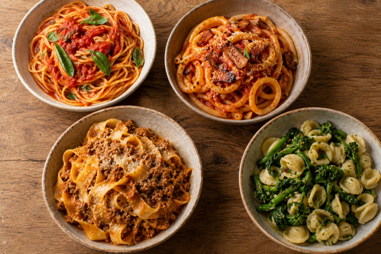 Four pasta dishes: tomato spaghetti, bucatini amatriciana, tagliatelle with meat ragù, and orecchiette with broccoli rabe