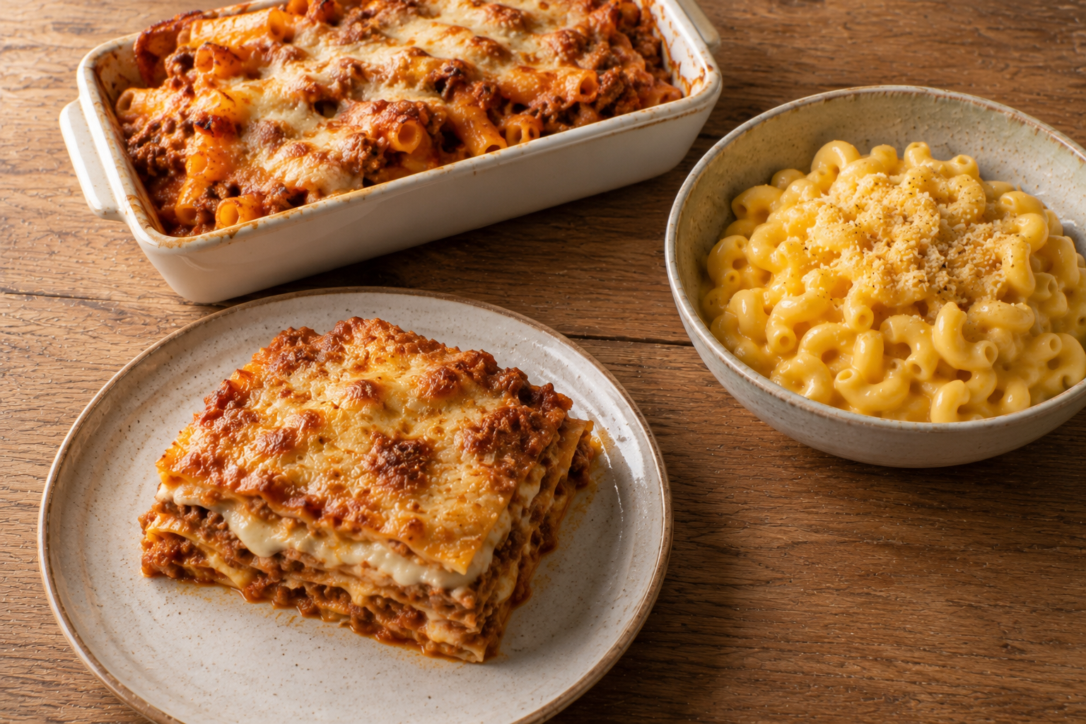 Lasagna with visible layers, baked ziti, and elbow macaroni in cheese sauce