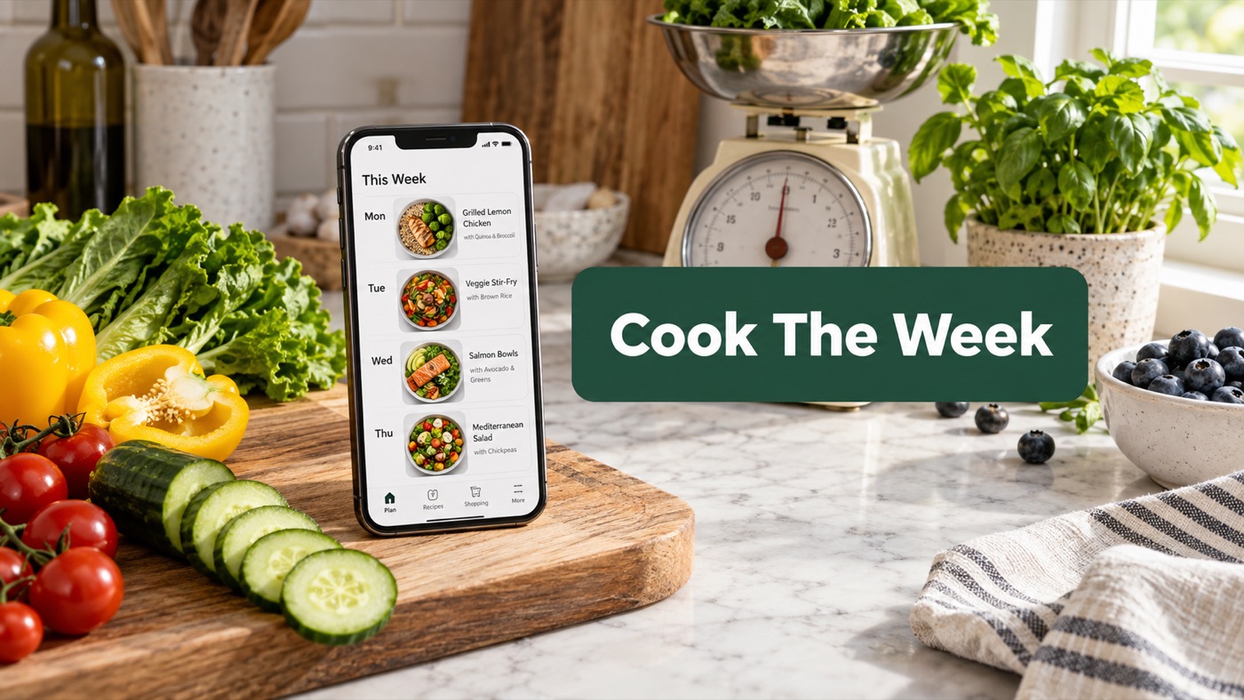 AI Meal Planner weekly plan on a phone in a kitchen — cook the week without rewriting a ChatGPT prompt