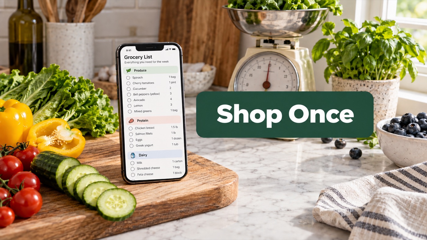 One combined grocery list from an AI Meal Planner week — leftovers counted, aisles grouped