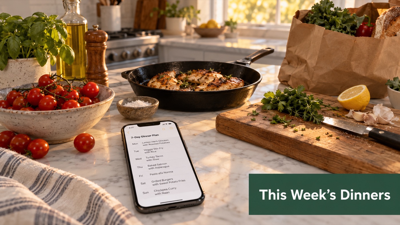 Family kitchen counter with a weekly dinner plan on a phone and grocery pickup bags