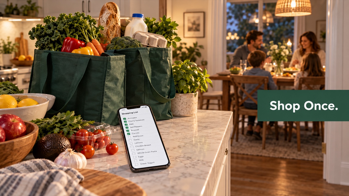 Grocery pickup order next to a leftover-aware weekly shopping list