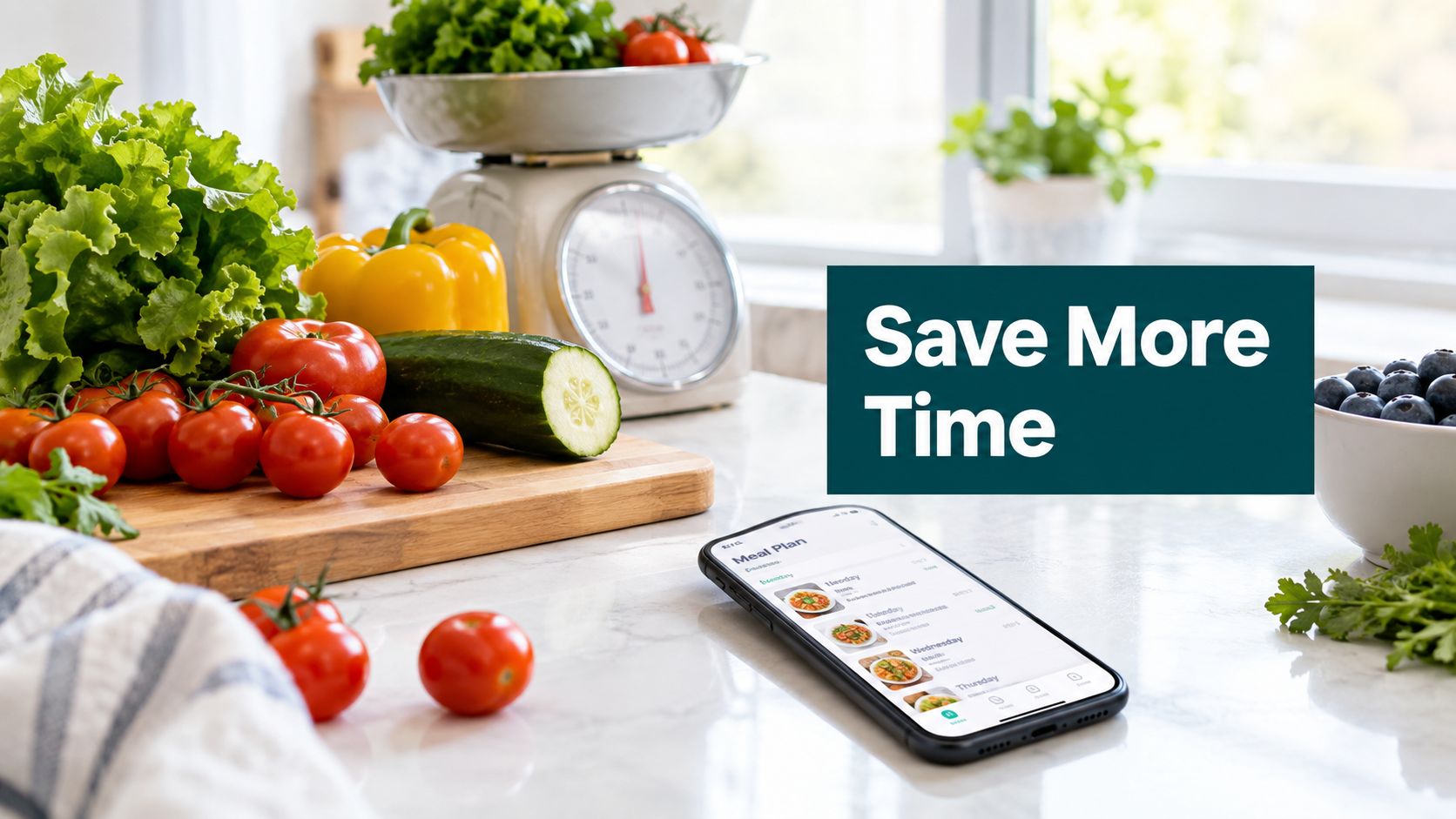 Kitchen counter with a meal plan on a phone and the headline Save More Time
