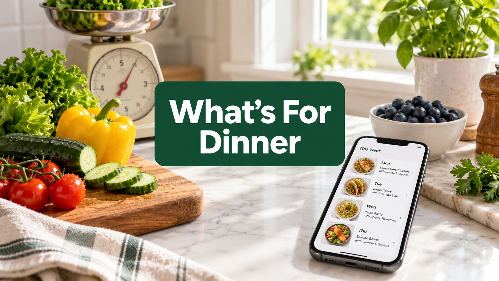 Kitchen counter with a weekly dinner plan on a phone and the headline What's For Dinner
